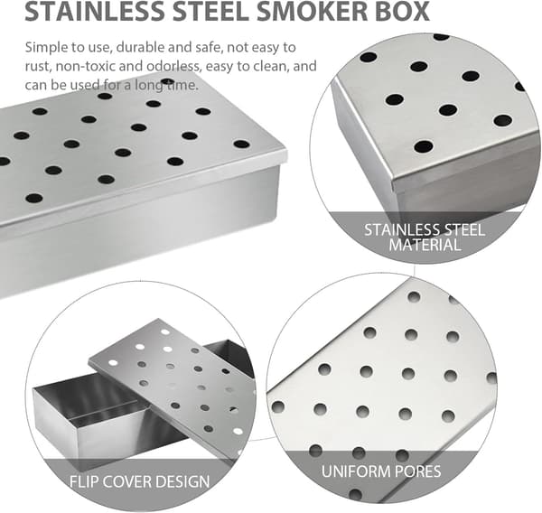 1 rustfritt stål røykeboks, stabil røykeboks, grilltilbehør, egnet for gassgriller og kullgriller (sølv)