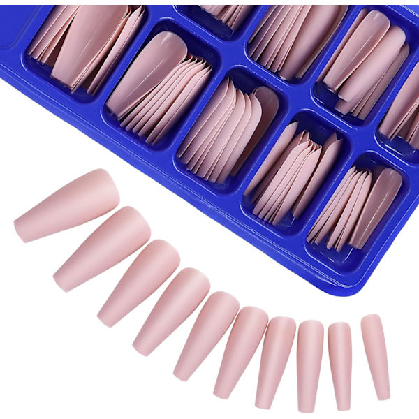 Matte Akryl Falske Negler Tips Kit Set 100 Stykker Falske Fingernegler Forlengelse Lang  Kiste Ballerina Full Dekning DIY Dekorasjoner pink