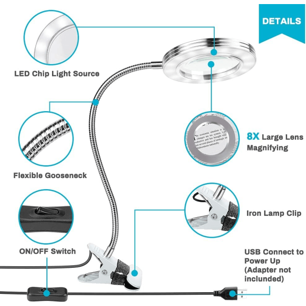 Forstørrelseslampe med LED-lys, 360° fleksibel skrivebordslampe med metallklips USB-drevet