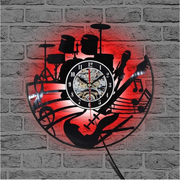 Musikgitarr Vinyl Record Väggklocka Modern Design Kreativ Väggkonst Vardagsrum Sovrum Dekoration Klocka med LED 12 Tum