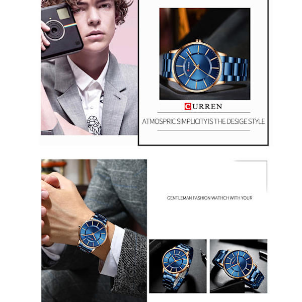 CURREN Herrklocka Kvarts med Rostfritt Stålarmband Mode Multifunktion Armbandsur 3ATM Klockor