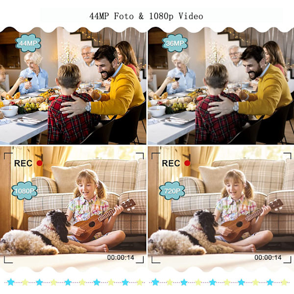 Digitalkamera 1080p FHD Kamera Autofokuskamera 44MP Kompaktkamera 2,4 Tum LCD-Skärm 16x Digital Zoom Uppladdningsbar Mini Videokamera för