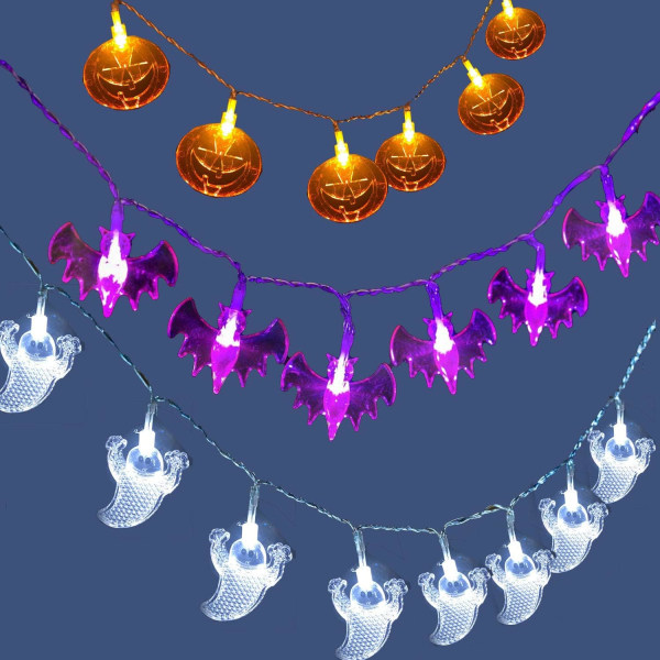 Set med 3 Halloween-slingor 10ft 20LEDs orange pumpor, lila fladdermöss, vita spöken för Halloween