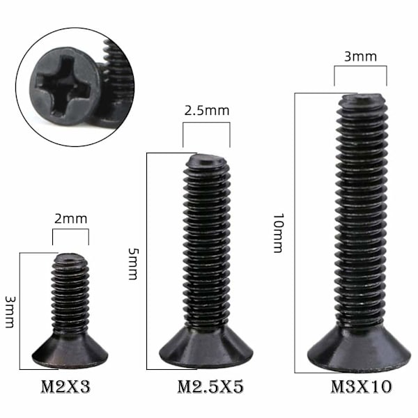 Försänkta skruvar, 450 st plattskruvar med cylindriskt huvud, sortiment M2 / M2.5 / M3, miniskruvar, skruvar, Phillips-gängade bultar, precisionsskruvar