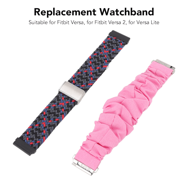 Flätat nylonklockarmband i rostfritt stål med spänne, 4 fjäderstångsersättning, scrunchie-klockarmband för Fitbit Versa