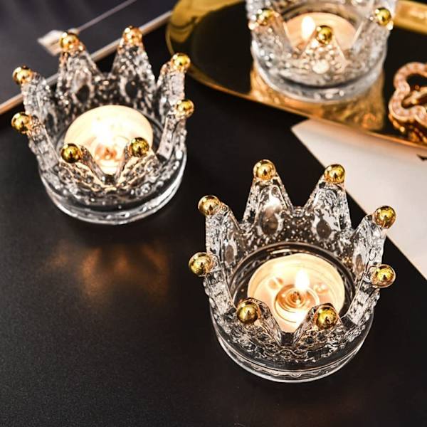 Uni-Fine Set med 2 glasunderlägg för värmeljus, kronformade värmeljusglas, presentljusstakar, dekoration för jul, födelsedag, fest, bröllop,