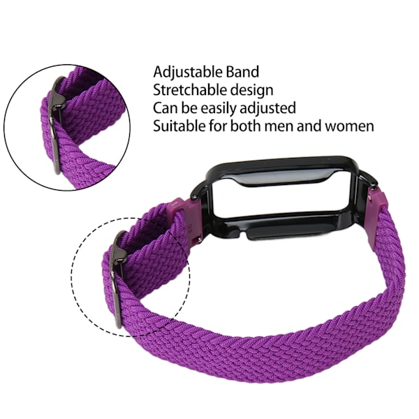 Flätat öglespänne för Mi Band 7 Pro Justerbart elastiskt nylonöglearmband med skyddande ram Lila band Svart fodral