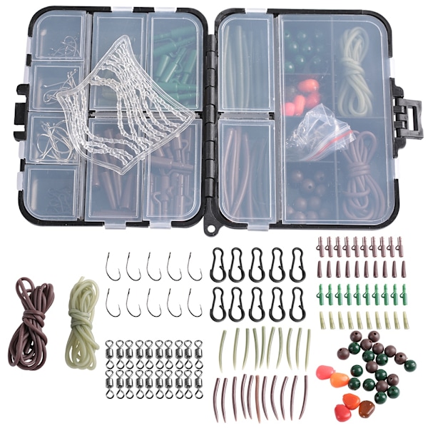 Karpfiske Tackle Kit Box Swivels Krokar Hylsor Mjuka Pärlor Rör Klämmor Set Tillbehör