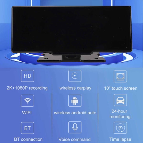 Bärbar Bilstereo 10 tum IPS Pekskärm för Android Auto Trådlös Carplay 2K 1080P Inspelning Instrumentbräda