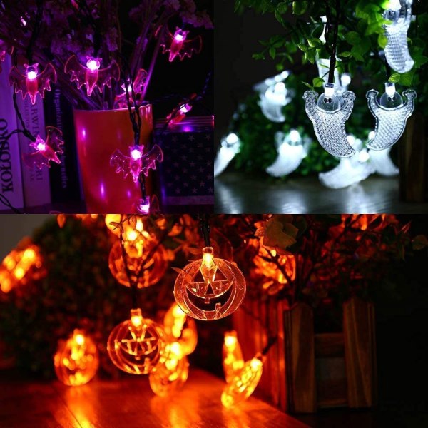 Halloween dekoration trädgård, Halloween ljusslinga batteri 20 LED med orange pumpor, lila fladdermöss, vita spöken, Halloween dekoration för utomhus