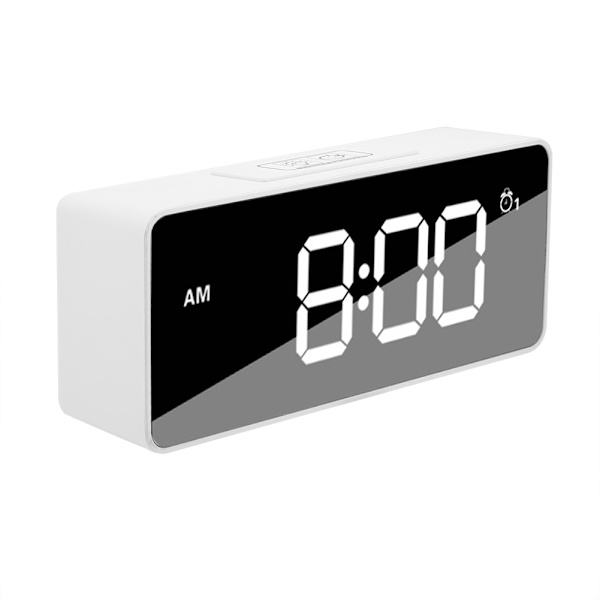 Multifunktionell USB-laddning Digital musik Snooze väckarklocka Bakgrundsbelyst spegeldisplay Vit