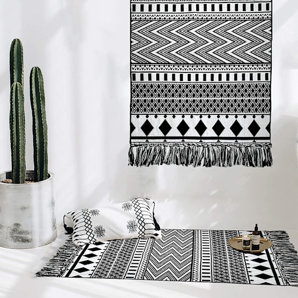 Badrumsmatta med tofs, 2'x3', 100 % vävd svart geometrisk matta Helt vändbar, bomull Maskintvättbar Boho utomhusmatta för kök i sovrummet