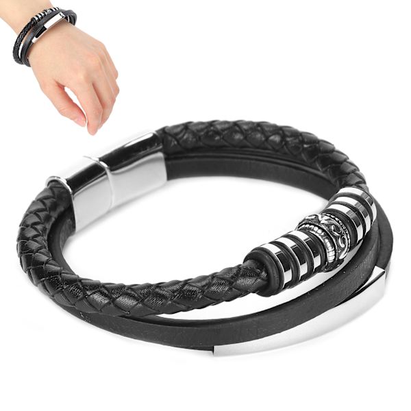 Herr PU Läder Svart Rostfritt Stål Armband Manschett Armband Magnetlås