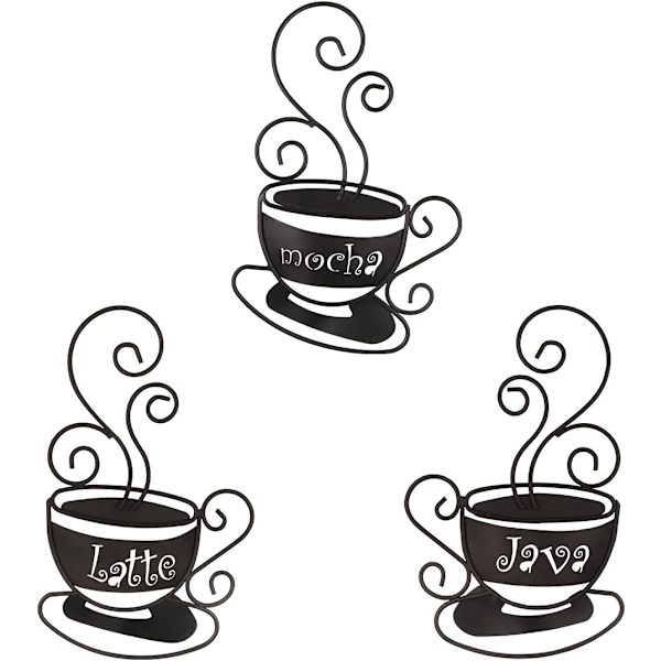 3-delad väggdekoration i metall med kaffekoppar och eleganta bokstäver \"Mocha\", \"Latte\" och \"Java\", väggkonst i metall för kök, kafé, tehus, restaurang