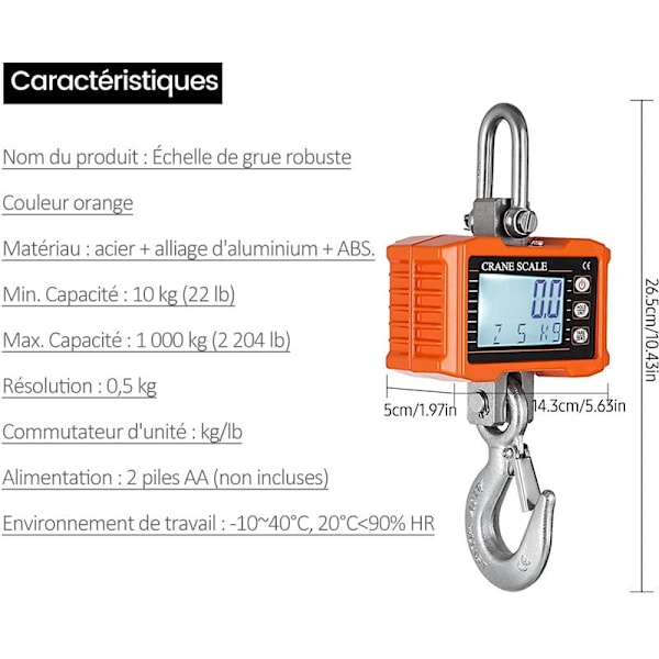 1000 kg elektronisk krokvåg med bakgrundsbelyst LCD-display kg/lbs enhetsbyte datahållning tara nollställ orange (utan batteri)