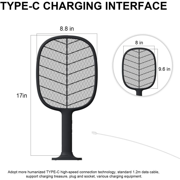 Bärbar handhållen Bug Zapper-racket för inomhusbruk utomhus, USB -uppladdningsbar elektrisk flugsmällare för fluga, insekter, skadedjur, insekter, myggdödare, stor