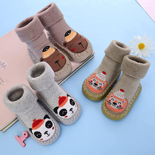 Baby Sock Shoes 3 Par Non-Slip Golvstrumpor Pojkar Flickor Bomull Första Gåskor Medium Tube Babystrumpor Höst Vinter Cartoon Krypande Strumpor 0-3
