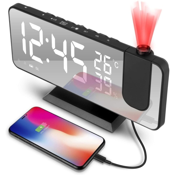 Projektionsväckarklocka, digital väckarklocka med projektion, radioväckarklocka med USB-anslutning, stor LED-display, snooze-funktion, dubbla larm, projektion