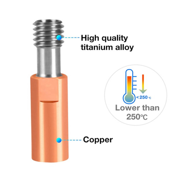 2 st 3D-skrivarhalsmunstycke Ti-legering Koppar Bimetall för Ender 3 3 V2 3 Pro Hotend 4,1 mm Genomgående Hål