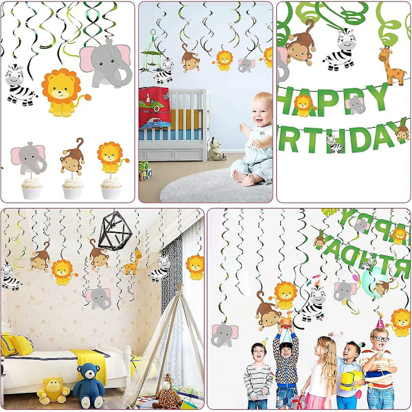 Djur Djungel Tema Födelsedag Hängande Virvel Dekoration Vimpel Banner Skogstema Folie Virvlar Tak För Safari Fest Barn Baby Shower Dekorationer