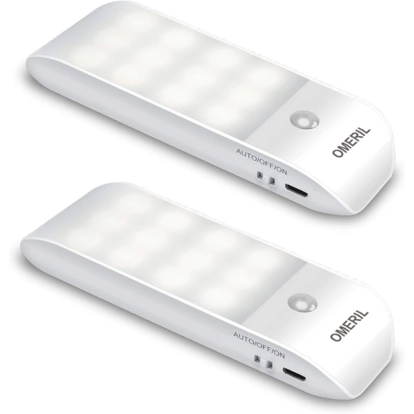 Automatisk LED-nattlampa [2-pack], 12 LED USB-laddningsbar garderobsnattlampa med rörelsesensor magnetremsa, 3 lägen (Auto/På/Av)