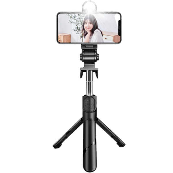 Selfie Stick-stativ med fjärrkontroll och LED-ljus, utdragbart själv