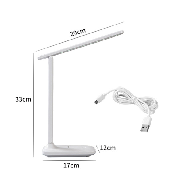 LED-skrivbordslampa, ögonvänlig, vit, USB-laddning, touch-switch, hopfällbar studielampa för hem och studenter
