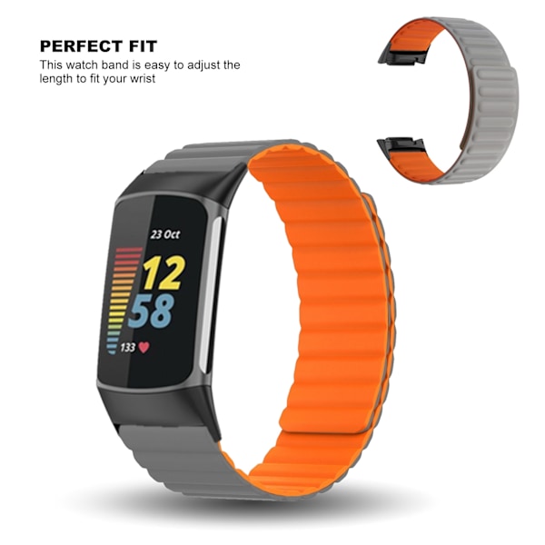 Magnetisk klockarmband justerbart snabbspänne silikon klockarmband tillbehör passar för Fitbit Charge 5 grå och orange