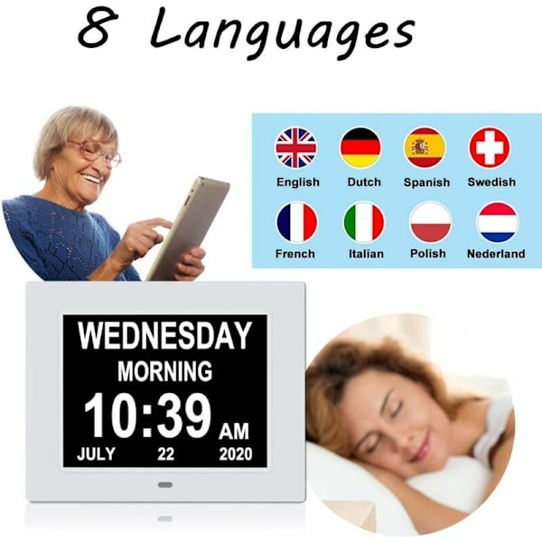 Digital klocka för äldre, ur med fullständiga dag, datum och tid, stöder 8 språk, högkontrastdisplay och automatisk dimning för