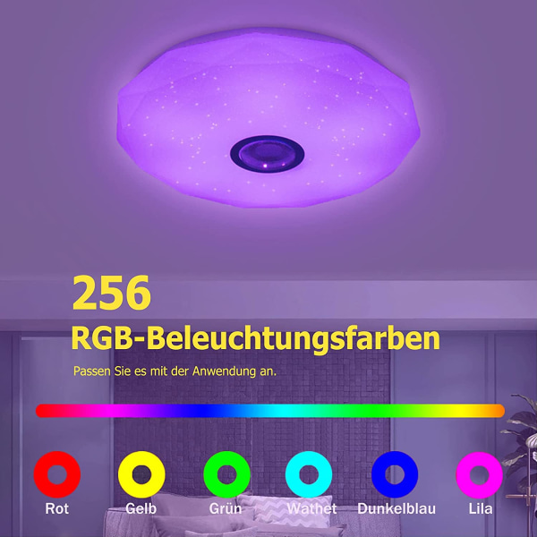 LED-taklampa dimbar med Bluetooth högtalare, LED-taklampa med fjärrkontroll eller appkontroll, RGB-färgbyte, musikuppspelning för