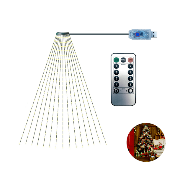 Julgransbelysning med Toppstjärna, Unik Design 8 Lägen Varmvit LED Ljusslinga för Inomhus- och Utomhusdekoration med Minnesfunktion