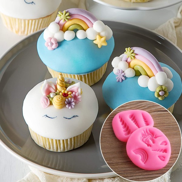 Mini Unicorn Form, Unicorn Ears Horn Rainbow Blommor och blad, Fondant Choklad Form Cupcake Toppers för Unicorn och Kids Birthday (Set