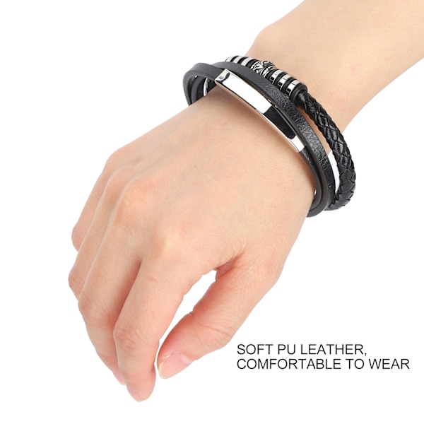 Herr PU Läder Svart Rostfritt Stål Armband Manschett Armband Magnetlås