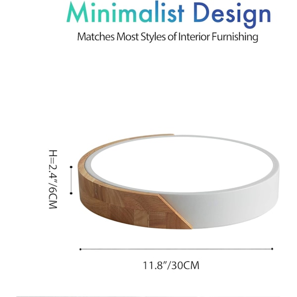 24W LED-taklampa kall vit 6000K 2400LM, modern rund trä LED-taklampor inomhus Ø30 för vardagsrum vardagsrum kök matsal