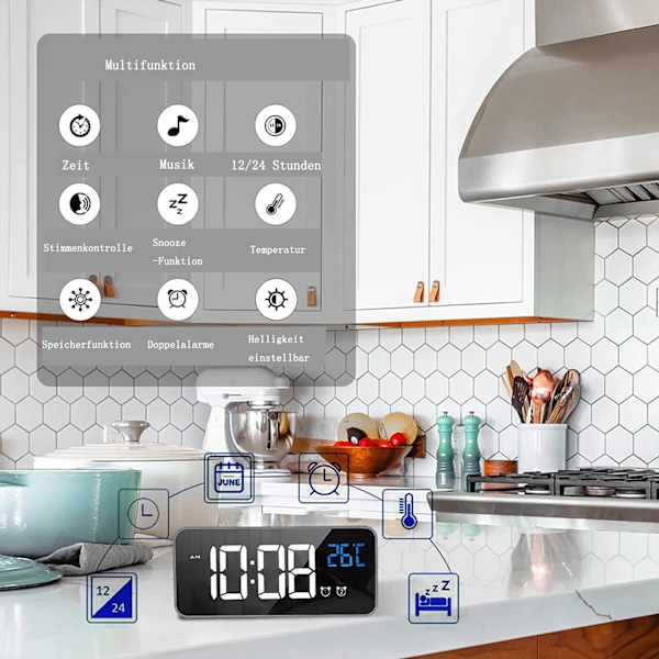 Touch digital väckarklocka, spegel LED-klocka med 2 väckarklockor, röststyrning, temperatur, sömn, justerbar volym och ljusstyrka, uppladdningsbar