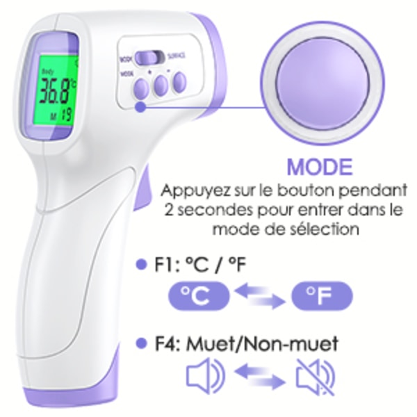Vuxenpann termometer, infraröd pann termometer, 2 i 1 kontaktfri baby vuxen objekt termometer, infraröd termometer med feberlarm,