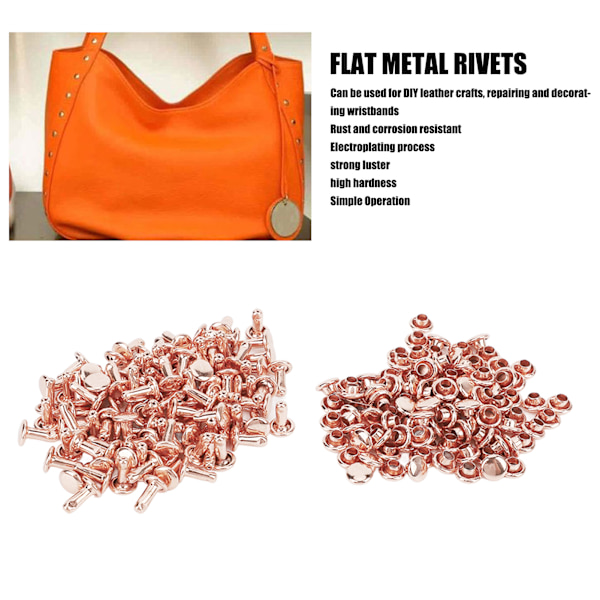 100 set metallnitar rosguld stark glans hög hårdhet metall lädernitar för DIY läderhantverk bälten 6x8mm