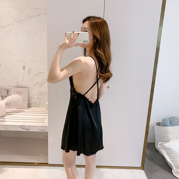Kvinnors spetsklädsel Satin Nattlinne med slits på sidan Brudlinne Nattlinne black XL