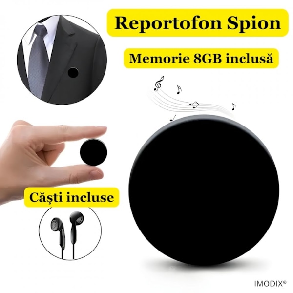 Integrerad spioninspelare i form av en brosch/knapp, HD brusreducering, 8GB, enkel att använda, kompakt design, automatisk röstigenkänning,