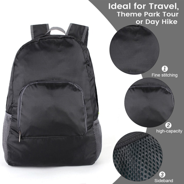 Packbar vandringsryggsäck vattentät, hopfällbar ryggsäck, lämplig för resor, black