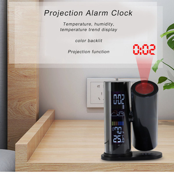 Projektionsväckarklocka Temperatur Fuktighetsdisplay 360 Grader Roterbar Färg Bakgrundsbelyst Bordsur EU-kontakt 100V‑240V