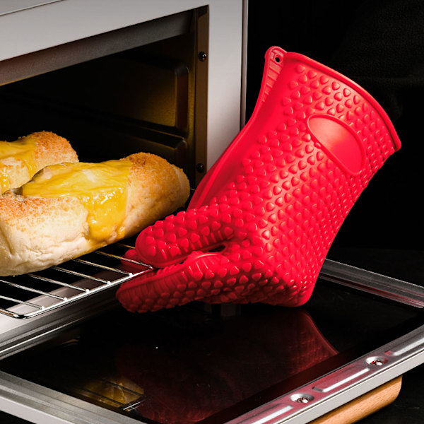 Extremt Värmebeständiga Grillhandskar, Silikon Grytvantar av Kommersiell Kvalitet för Matlagning Inomhus och Utomhus, Halkfri Femfingerdesign, Röd, Värmebeständig