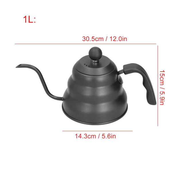 PTFE Rostfritt Stål Tekanna Kaffe Vattenkokare Svanhals Pip Häll Över Kaffetillverkare Droppkokare Svart 1L