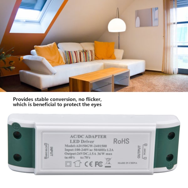 LED-drivrutin 24V DC 1,5A 36W LED-strömförsörjning Konstant ström 24V Transformator AC100‑240V