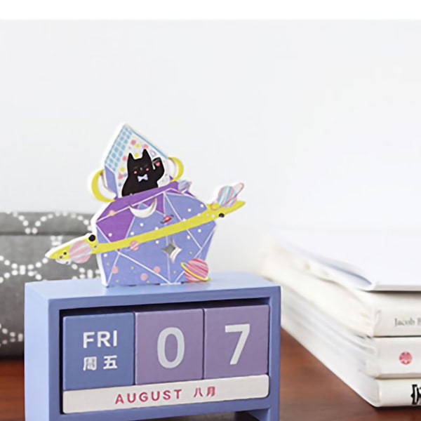 Skrivbordskalender i trä, heminredning, evighetskalender, manuell, återanvändbar, present, katt