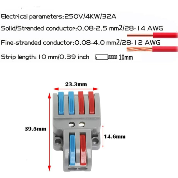 Anslutningsklämmor, 10 st elektriska kontaktdon med manöverspak, kompakt automatisk elektrisk anslutningsklämma, 2 in 4 ut, med montering