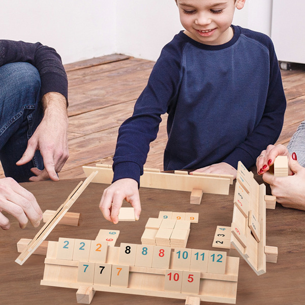 Rummikub-spel för 2-4 spelare med 4 träställ/brickor och 106 rummikub-kort i trä, stor och tydlig nummerutgåva, leksaker för familjer