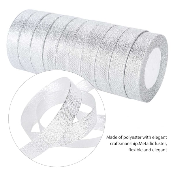 10 rullar glitter satinband polyester presentförpackning bröllopsdekoration festtillbehör silver
