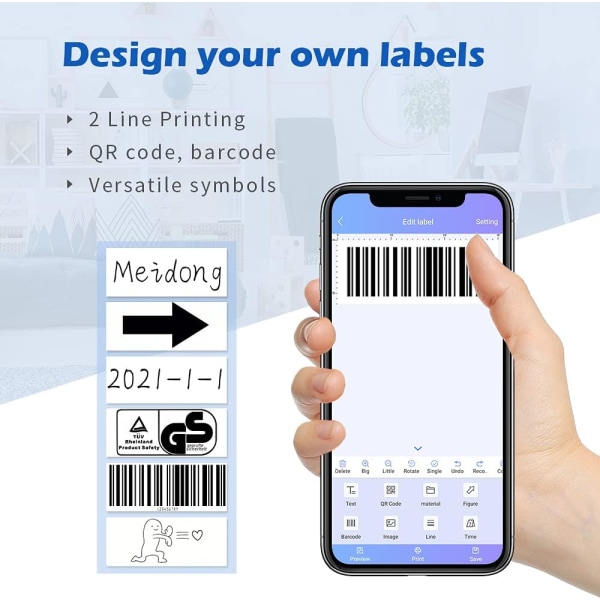 Bluetooth Label Maker-maskin med tejp, bärbar klistermärkeetikettskrivare USB laddningsbar, flera mallar tillgängliga för pekdator Enkel att använda