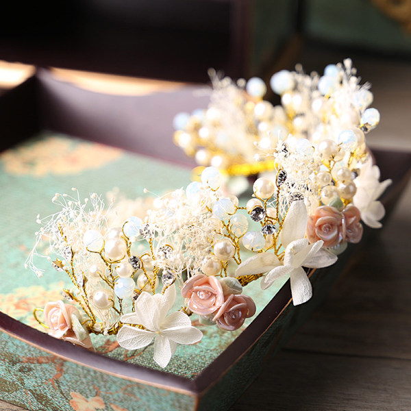Bröllop Förlovning Tillfällen Accessoar, Justerbar Flexibel Pärlblomma Strass Tiara för Brudar & Blomsterflickor, Fri Frisyr för Födelsedag